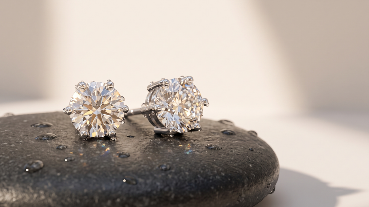 A pair of six-prong round moissanite stud earrings resting on a wet dark stone with scattered water droplets, against a soft warm background.