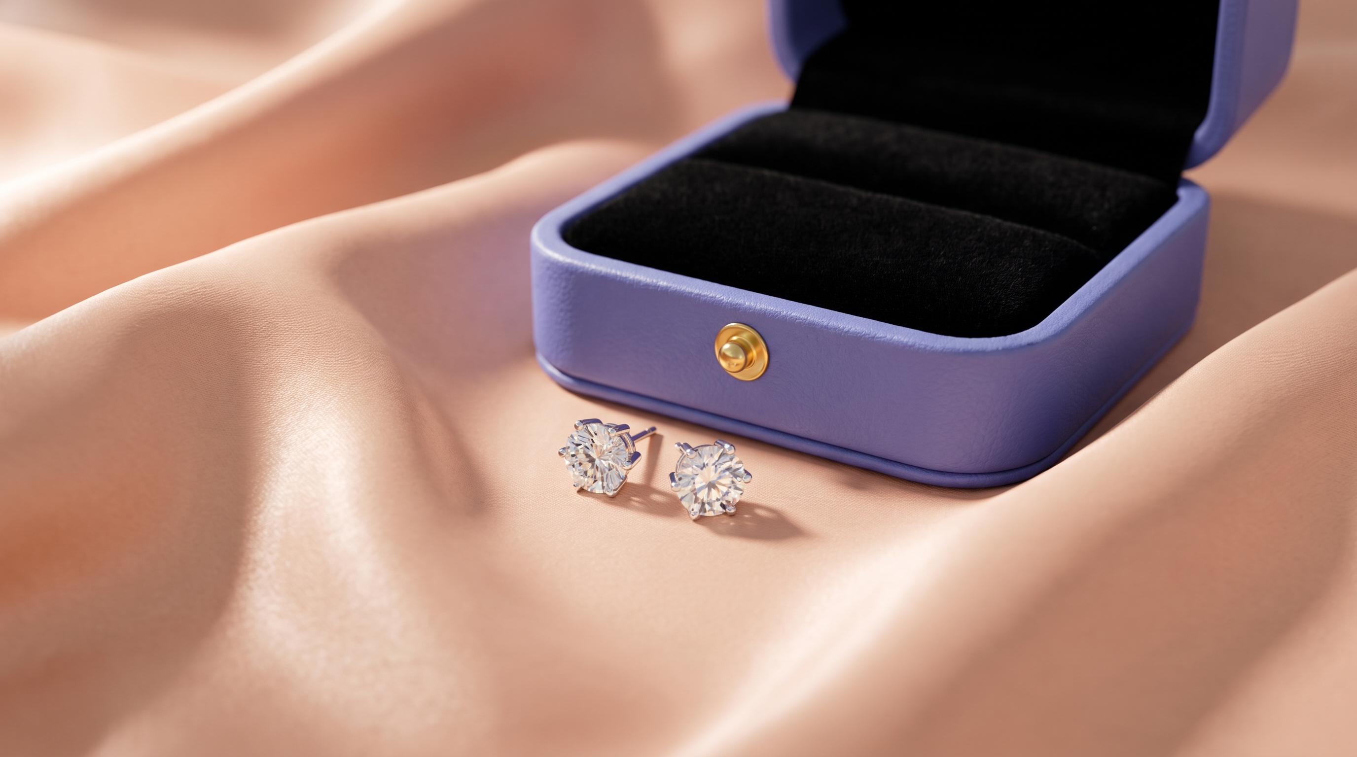 Two round moissanite stud earrings resting on blush satin fabric beside their open periwinkle leather presentation box with a black velvet interior and a gold snap closure.