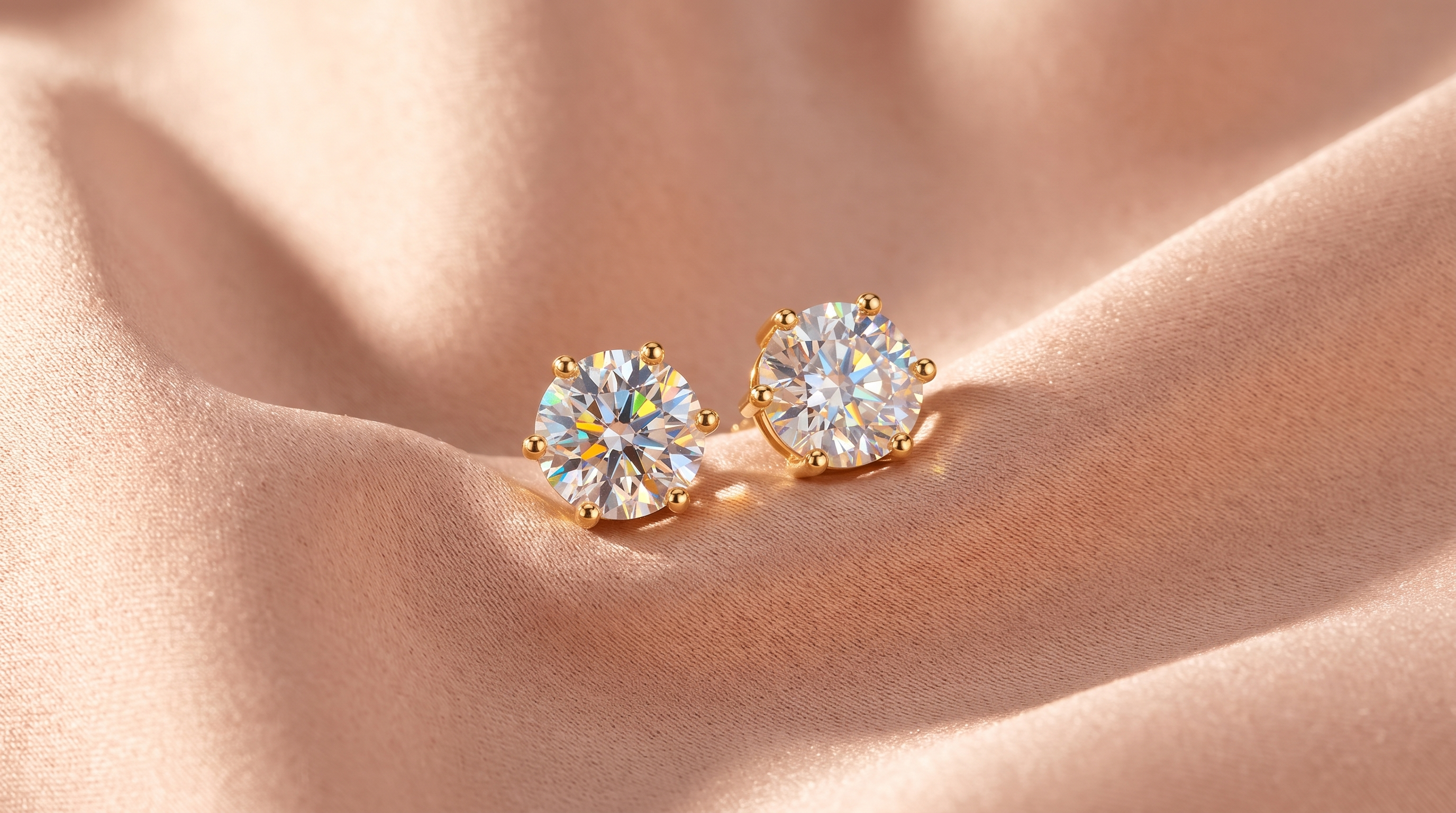 Two round moissanite stud earrings in six-prong gold settings resting in the folds of blush satin fabric, catching warm light with small flashes of rainbow colour across their facets.
