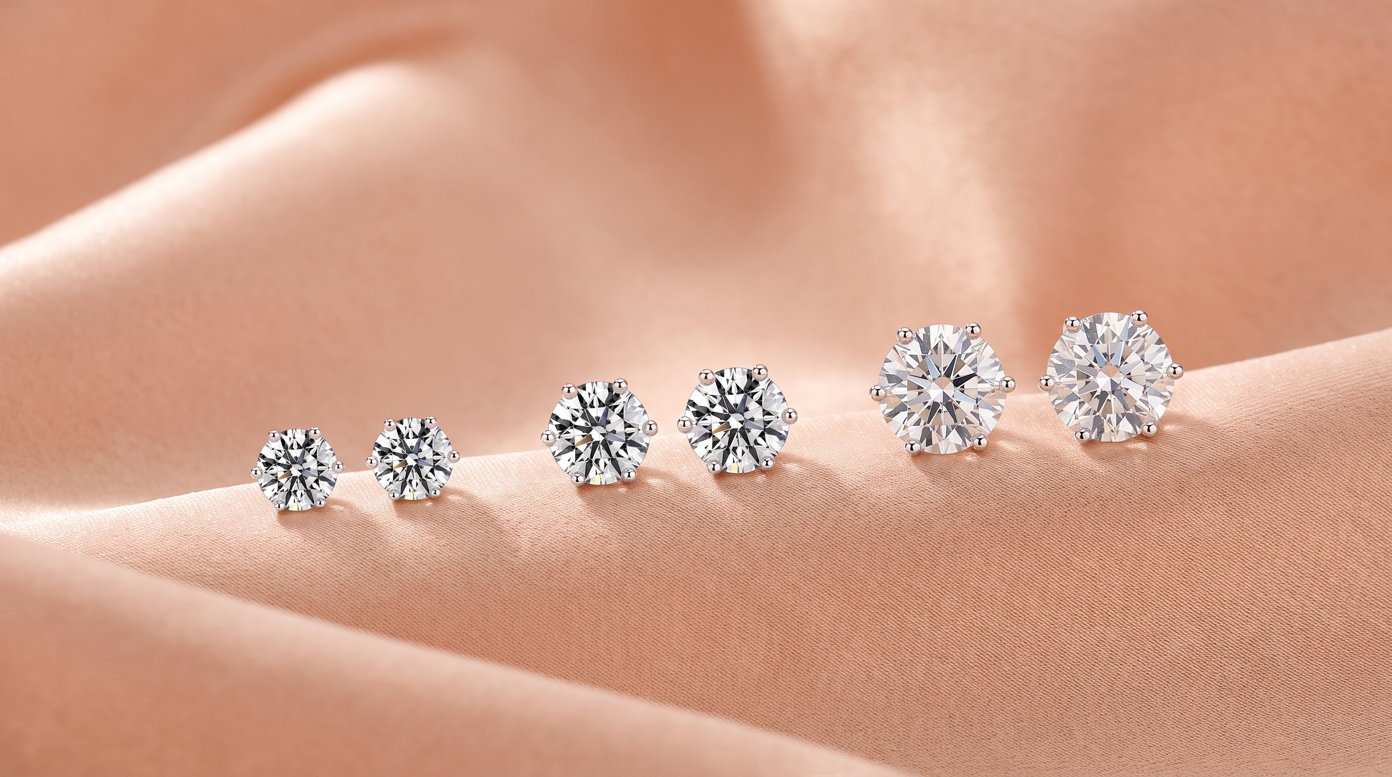 Three pairs of round moissanite stud earrings in graduated sizes, from small to large, arranged in a row on blush pink satin fabric.