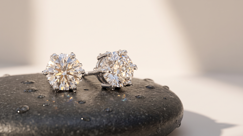 A pair of six-prong round moissanite stud earrings resting on a wet dark stone with scattered water droplets, against a soft warm background.