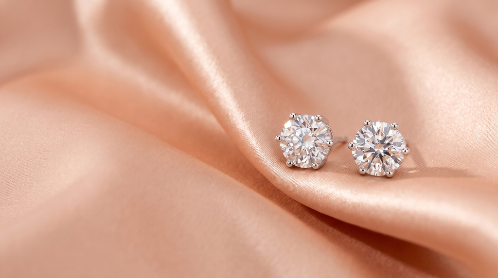 A pair of round six-prong silver stud earrings with large clear stones resting on folds of peach satin in soft warm light.