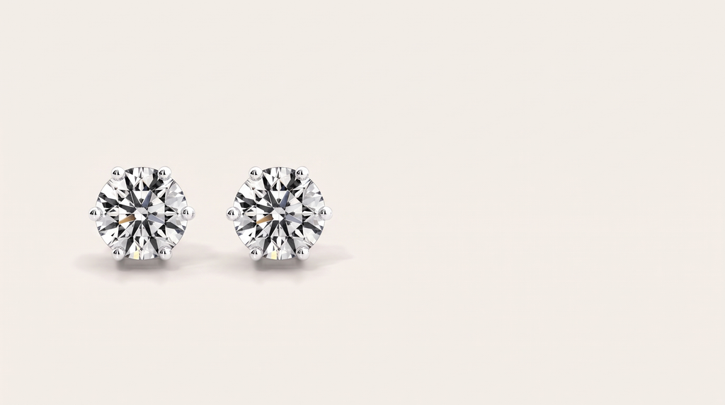 A pair of round six-prong silver stud earrings with large clear stones side by side on a warm off white background.