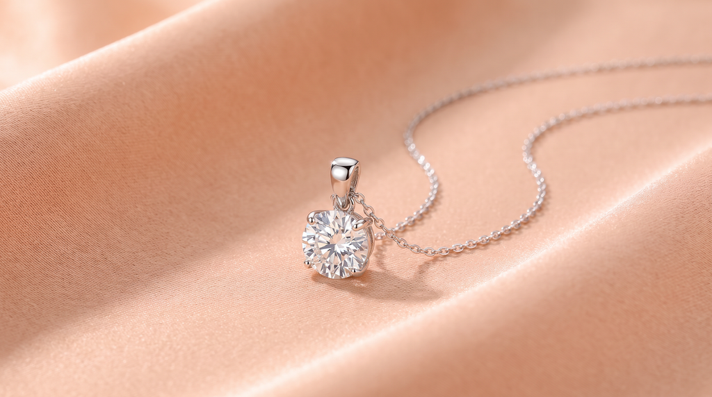 A round moissanite pendant necklace resting on peach satin with its fine silver chain curving to the right