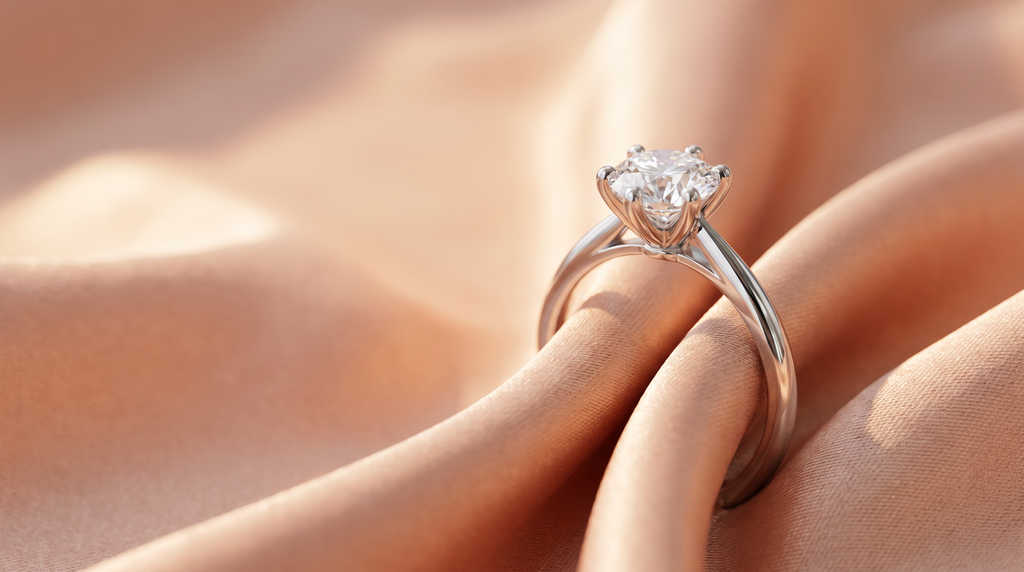 A six-prong round moissanite solitaire ring in silver-white metal, standing upright in folds of peach satin under warm light.