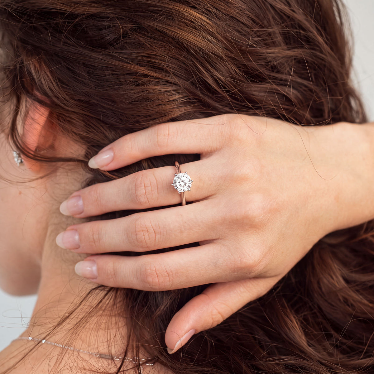 Close-up of the six-prong setting on the Eterna solitaire ring in 18K white gold